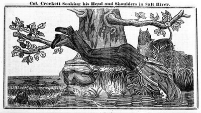Överste Davy Crockett blötlägger huvudet och axlarna i Salt River, från Crocketts Almanac, 1837 (tidningspapper) av American School