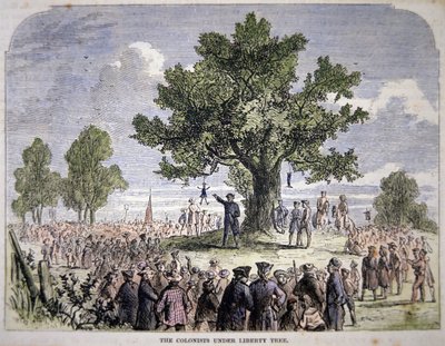 Kolonister under Liberty Tree (färg litho) av American School