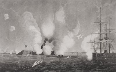 Strid mellan Confederate CSS Virginia (vänster) och Union USS Monitor (mitten) den 9 mars 1862 vid Hampton Roads, Virginia (se 254609 för detaljer) av American School