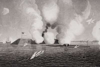 Strid mellan Confederate CSS Virginia (vänster) och Union USS Monitor (höger) den 9 mars 1862 vid Hampton Roads, Virginia (detalj av 254608) av American School