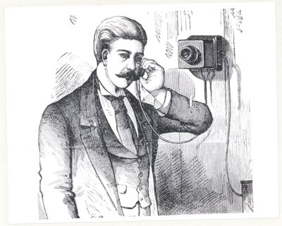 Kondensatortelefon i bruk, från The Electric Telephone av George Bartlett Prescott (f.1830), 1890 av American School