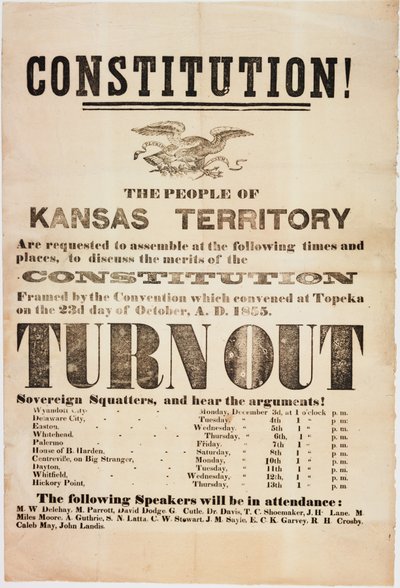 Konstitution! Folket i Kansas Territory uppmanas att samlas..., tryckt av E. C. K. Garvey & Co., ca 23 oktober 1855 av American School