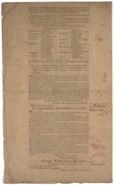 Konstitution, första tryckning, tryckt av Dunlap & Claypoole, 17-19 september 1787 (se även GLC 695933, GLC 695934 & GLC 695935) av American School