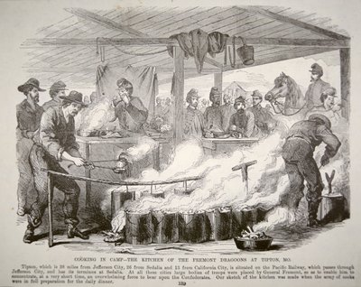Matlagning i lägret - Fremont Dragoons kök i Tipton, Missouri (gravyr) av American School