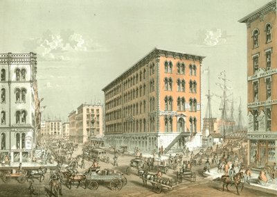Corner of Clark and South Water Street, från Chicago Illustrated, med litterära beskrivningar av James W. Sheahan, publicerad av Jevne & Almini, Chicago, 1866-67 av American School
