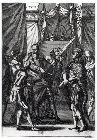 Cortes och Montezuma, från Antonio de Solis y Rivadeneira Solis "History of the Conquest of Mexico", 1691 av American School