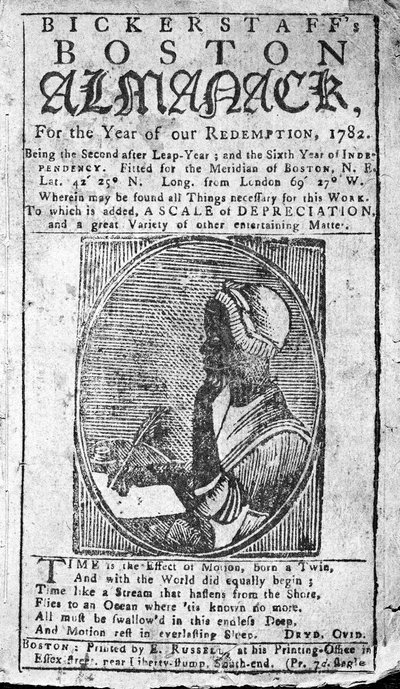 Omslag till Bickerstaffs Boston Almanack med ett porträtt av Phillis Wheatley (1753-84) publicerad 1782 (tryck) av American School