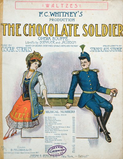 Omslag till partitur av The Chocolate Soldier, operett av Oscar Straus, publicerad i New York, ca 1910 av American School
