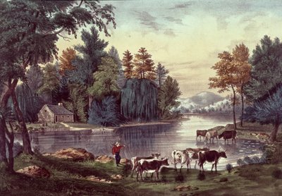 Cows on the Shore of a Lake, publicerad av Nathaniel Currier (1813-88) och James Merritt Ives (1823-95) (färg litho) av American School