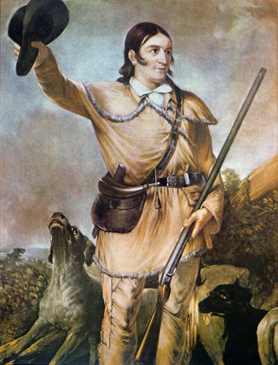 David (Davy) Crockett (1786-1836) med sina jakthundar 1836 (färg litho) av American School