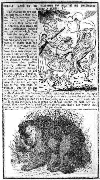 Davy Crockett betalar två fransmän för att ha förolämpat sin älskling, tämjat en lejoninna, etc., illustration från Crocketts Almanack av American School
