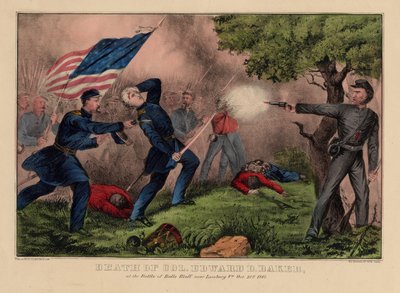 Överste Edward D. Bakers död i slaget vid Balls Bluff nära Leesburg VA, 21 oktober 1861, pub. av Currier & Ives, ca 1861 av American School
