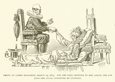 Drottning Elizabeths död, 24 mars 1603, i tio dagar före sin död låg hon på golvet stödd av kuddar av American School