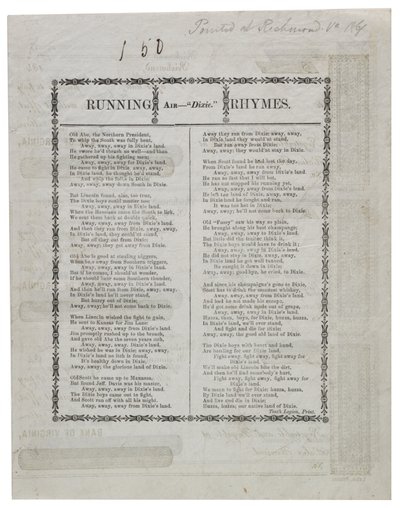 Dixie tryckt på baksidan av ett ark checkar, 1861 av American School
