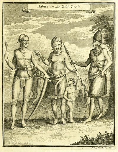 Klänning av folket i Cape Lope Gonsalvo och Rio Gabon, illustration från "Habits on the Gold Coast", av Thomas Astley, 1745-47 av American School