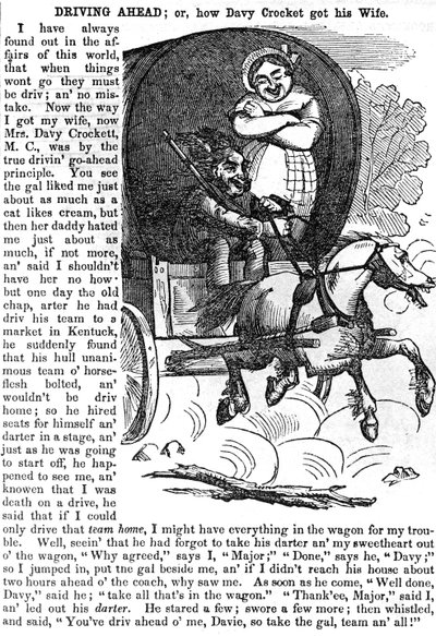 Driving Ahead, eller hur Davy Crockett fick sin fru, från Crocketts almanacka för 1856, publicerad, New York, 1855 av American School