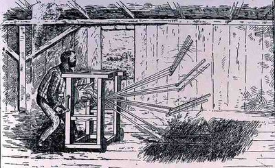 Tidiga försök till tröskmaskiner, illustration från The Growth of Industrial Art, 1892, från The Pageant of America, Vol.3, av Ralph Henry Gabriel, 1926 av American School