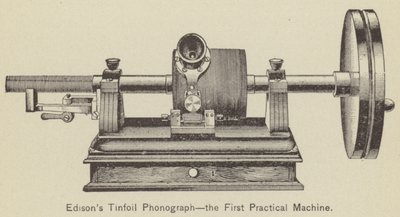 Edisons Tinfoil Phonograph, den första praktiska maskinen (gravyr) av American School