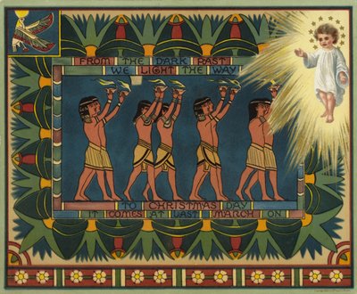 Julkort med egyptiskt tema, som visar hur det förflutna ledde till Jesus Kristus (färglitografi) av American School