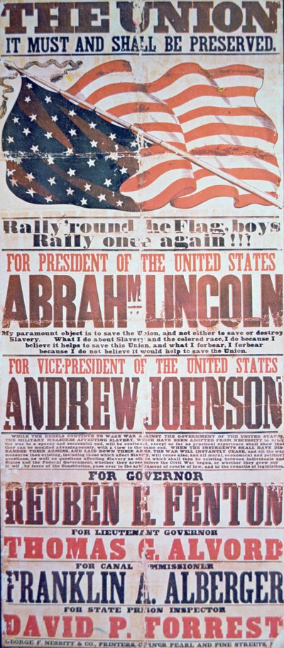 Valkampanjaffisch för Abraham Lincoln (1809-65) för president och Andrew Johnson (1808-75) för vicepresident av American School