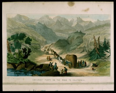 Emigrant Party on the Road to California 1596, illustration från Kalifornien, dess tidigare historia, dess nuvarande position, dess framtidsutsikter av G.A. Fleming, 1850 av American School