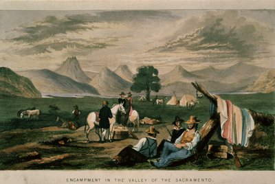 Läger i Sacramentos dal 1598, illustration från Kalifornien, dess tidigare historia, dess nuvarande position, dess framtidsutsikter av G.A. Fleming, 1850 av American School