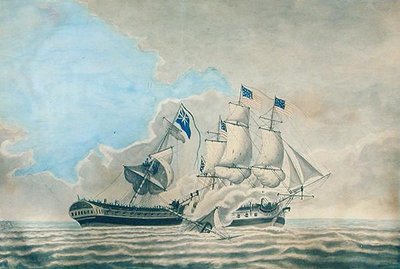 Engagemang mellan U.S. Fregate Constund och H.M.S. Guerriere (akvarell, gouache och bläck på papper) av American School