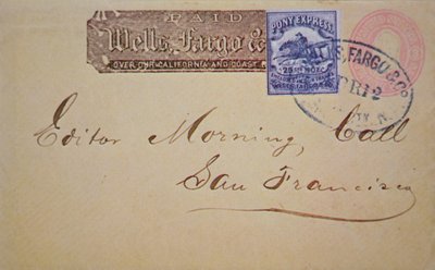 Kuvert med Wells Fargo Pony Express-stämpel fäst (penna och bläck på papper) av American School