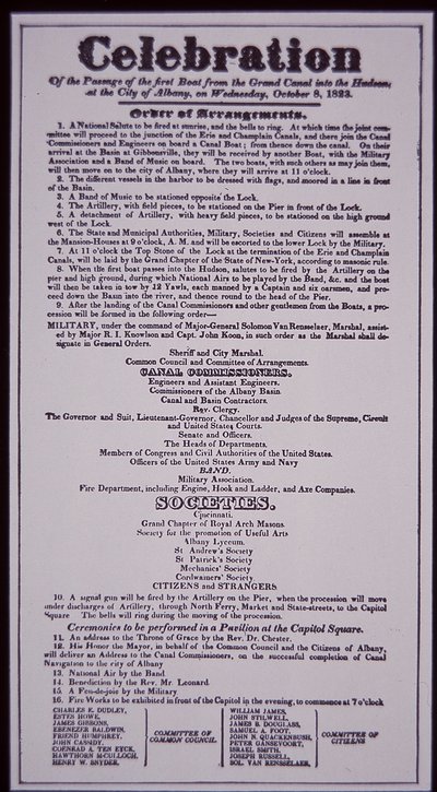 Erie Canal: nyckeldelen av New York State Canal System; Broadside av den 8 oktober 1823 firar dess invigning (slutförd 1825) (litho) av American School