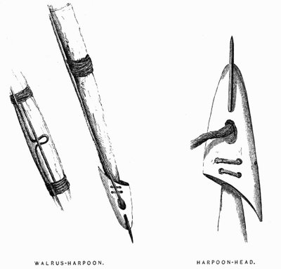Eskimo Hunting Tools: Harpuner - Elisha Kent Kane, Arctic Explorations in the Years 1853-1855, vol. 1, sid. 412, Philadelphia av American School