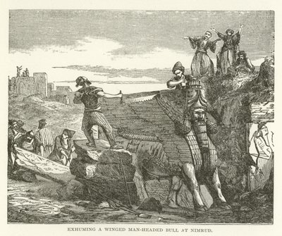 Gräver upp en bevingad manshövdad tjur vid Nimrud av American School