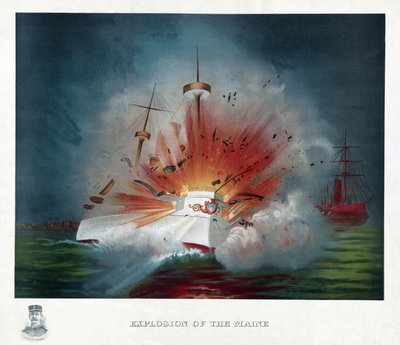 Explosionen av Maine, pub. 1898 (färglitografi) av American School