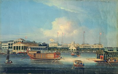 Fabriker i Canton, från hamnen, Kina, 1850 av American School