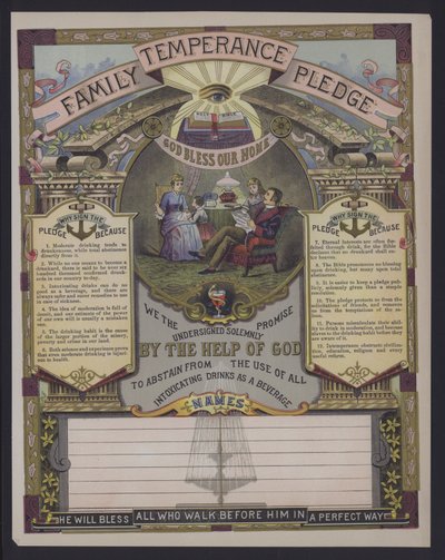 Familjens nykterhetslöfte (färgad gravyr) av American School