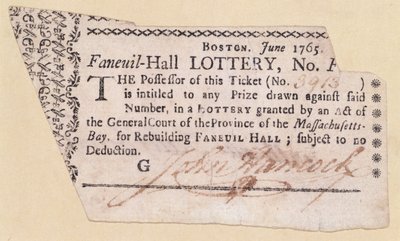 Faneuil-Hall Lottery Ticket, signerad av John Hancock (1737-93) 1765 (bläck på papper) av American School