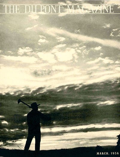 Farmer in field, framsidan av DuPont Magazine, mars 1936 av American School