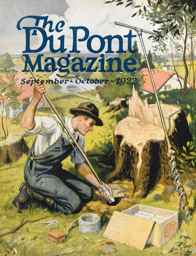 Bonde planterar DuPont-dynamit, framsidan av DuPont Magazine, september-oktober 1922 av American School