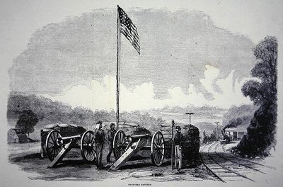 Federalt sandsäcksbatteri för att skydda järnvägen under det amerikanska inbördeskriget (1861-65) (litho) av American School