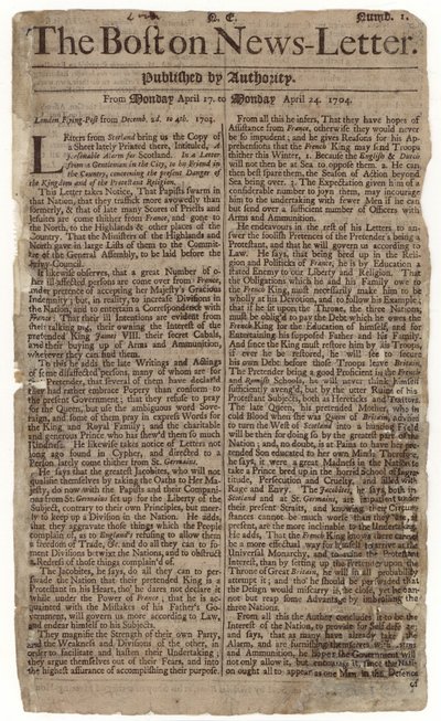 Första numret av Boston News-Letter, 1704 (tidningspapper) av American School