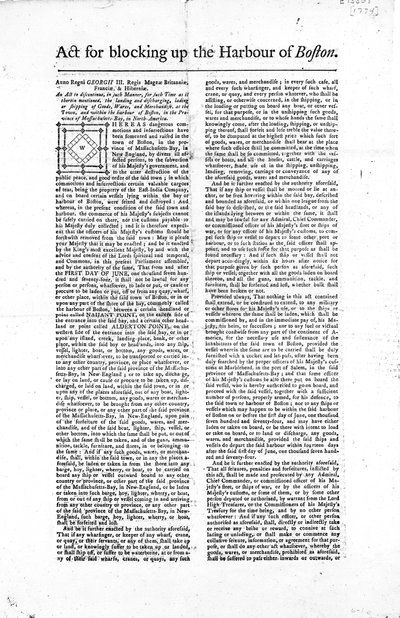 Första sidan av en bred sida som beskriver lagen för blockering av hamnen i Boston, 1774 (tidningspapper) av American School