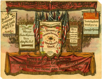 För Gud och hem och hemland... Kvinnors kristna nykterhetsunion, stridsflaggor från White Ribbon Army, 1885 av American School