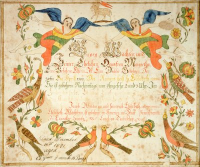 Fraktur till födelse- och dopattest för Elizabeth Wachter (1808-71) 1808 (bläck  akvarell på papper) av American School