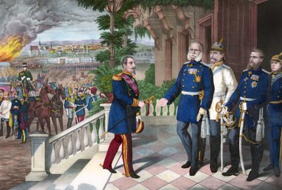 Fransk-preussiska kriget 1870-1871: Napoleon III:s kapitulation efter slaget vid Sedan, 2 september 1870. Färglinjegravering, amerikansk, c1871 - 1870 års krig: Napoleon III (1808-1873) fånge efter slaget vid Sedan möter William I av Preussen (1797- av American School