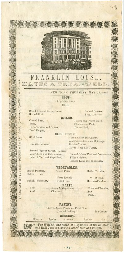 Franklin House Menu för 23 maj 1844, 1844 (graverad meny) av American School