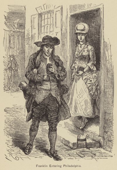 Franklin kommer in i Philadelphia (gravyr) av American School