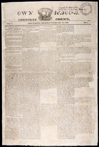 Första sidan från Cherokee Phoenix, 21 februari 1828 (tryck) av American School