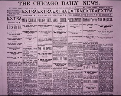 Framsidan av Chicago Daily News som rapporterar Chicago Haymarket Labor Riot, 5 maj 1886 (tidningspapper) av American School