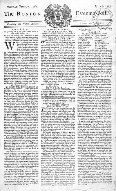 Framsidan av Boston Evening Post som tillkännager kung George II:s död (1683-1760), 5 januari 1761 (tryck) av American School