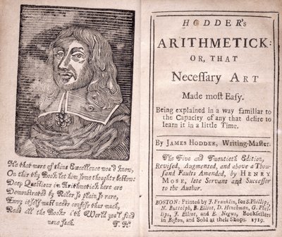 Frontispice och titelsida för Hodders Arthimetick or, That Necessary Art Made Most Easy, av James Hodder, 1719 av American School