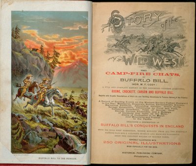 Frontispice och titelsida till Story of the Wild West och Camp Fire Chats av Buffalo Bill (1846-1917) av American School